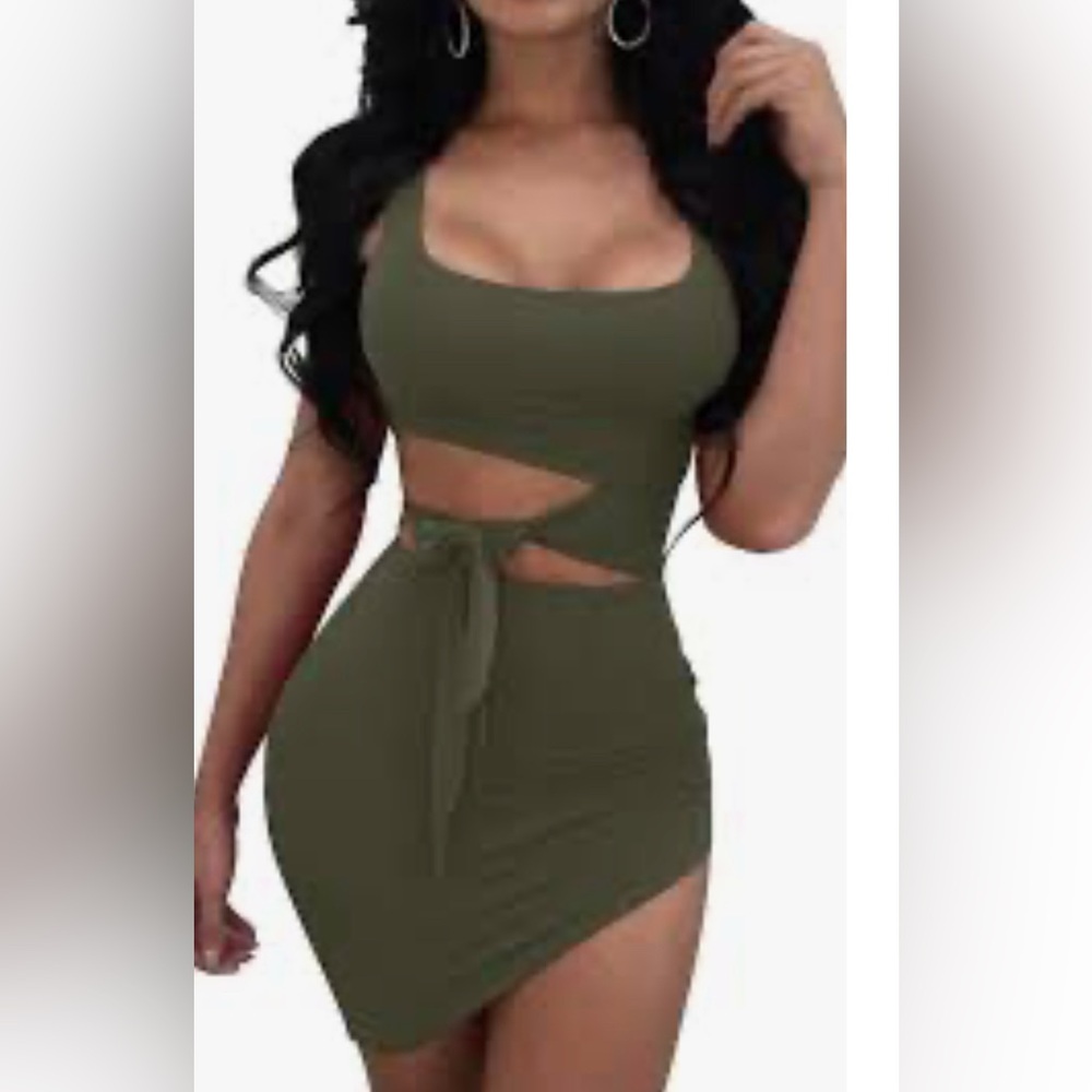 Olive Cutout Bodycon Mini Dress with Tie Waist